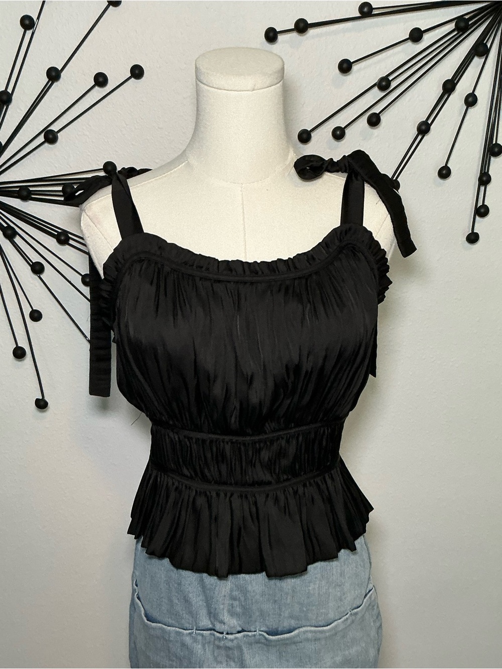 Rachel Zoe Black Ruched Tie Strap Peplum Top Medium Coquette